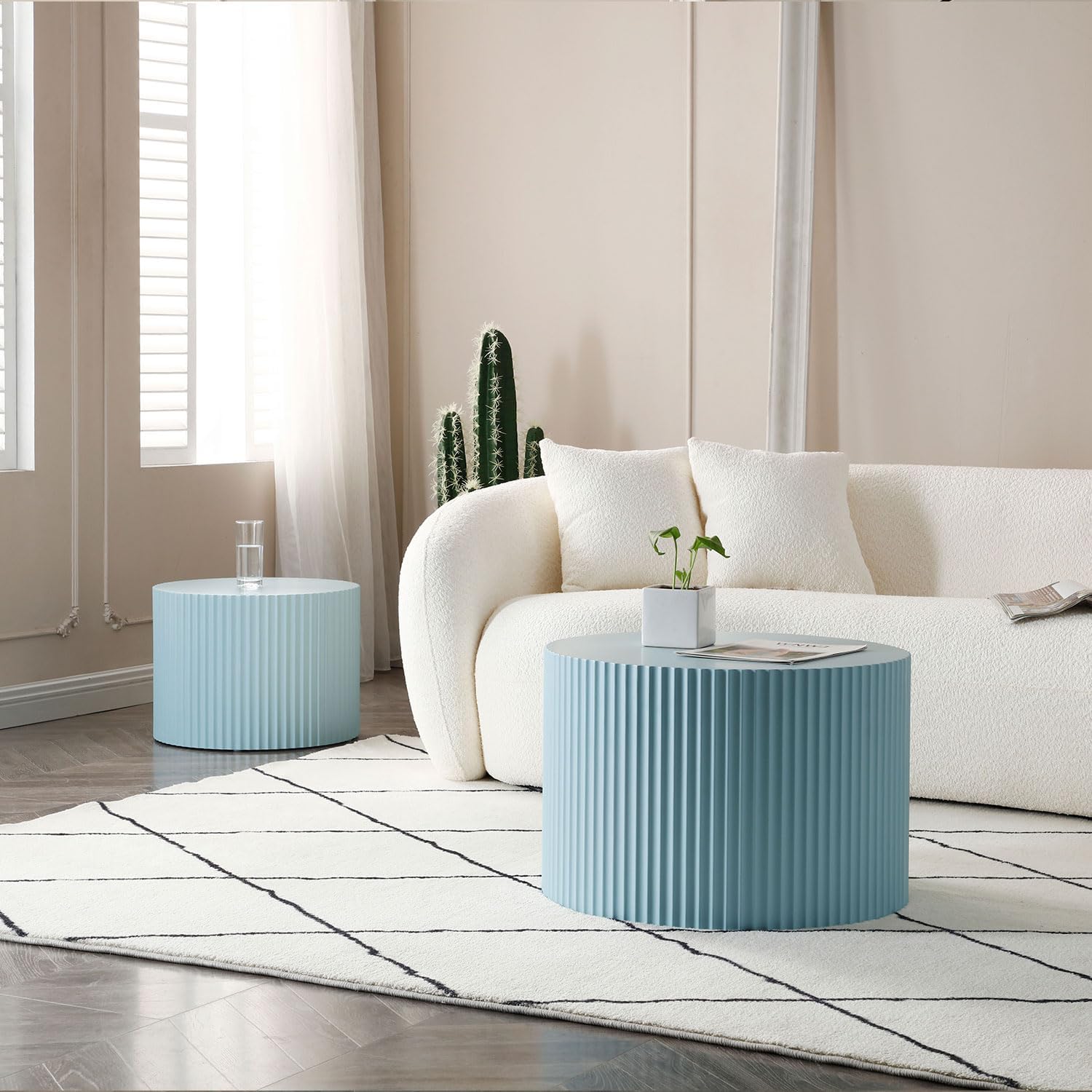 Modern Nesting Coffee Table, Round Wood End Table Set of 2 for Small Space, Living Room - Blue