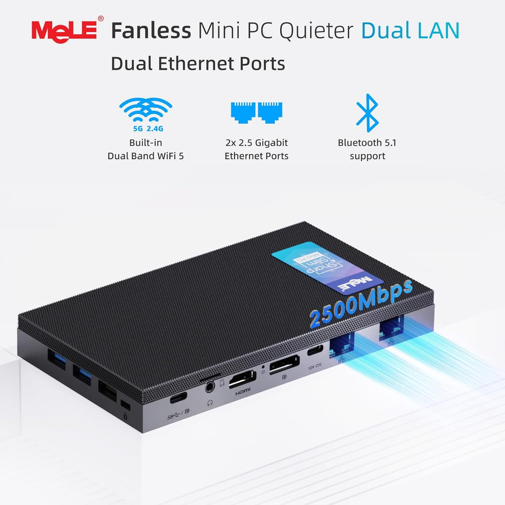 MeLE QuieterDL Fanless Mini PC N150 2.5Gb Dual LAN 4GB 128GB Small Computer | up to 3.6GHz, USB-C, 4K HDMI, DP1.4, Triple Display, 24/7 Stability, Auto Power On, Wake on LAN, VESA, Low Power Consumption