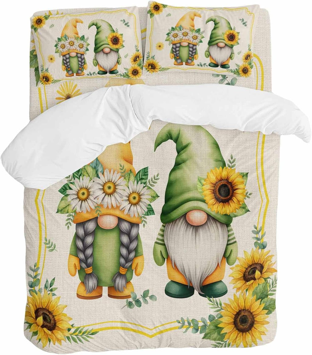 Summer Dwarfs Duvet Cover Set Queen Size 4 Pieces Yellow Sunflower Daisy Field Plant Vintage Bedding Set with Zipper Closure, 1 Comforter Cover 92x106 Inches 1 Flat Sheet & 2 Pillow Cases