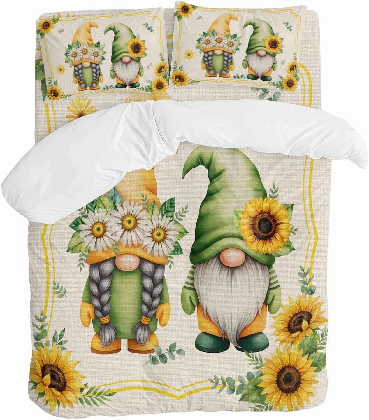 Summer Dwarfs Duvet Cover Set Queen Size 4 Pieces Yellow Sunflower Daisy Field Plant Vintage Bedding Set with Zipper Closure, 1 Comforter Cover 92x106 Inches 1 Flat Sheet & 2 Pillow Cases