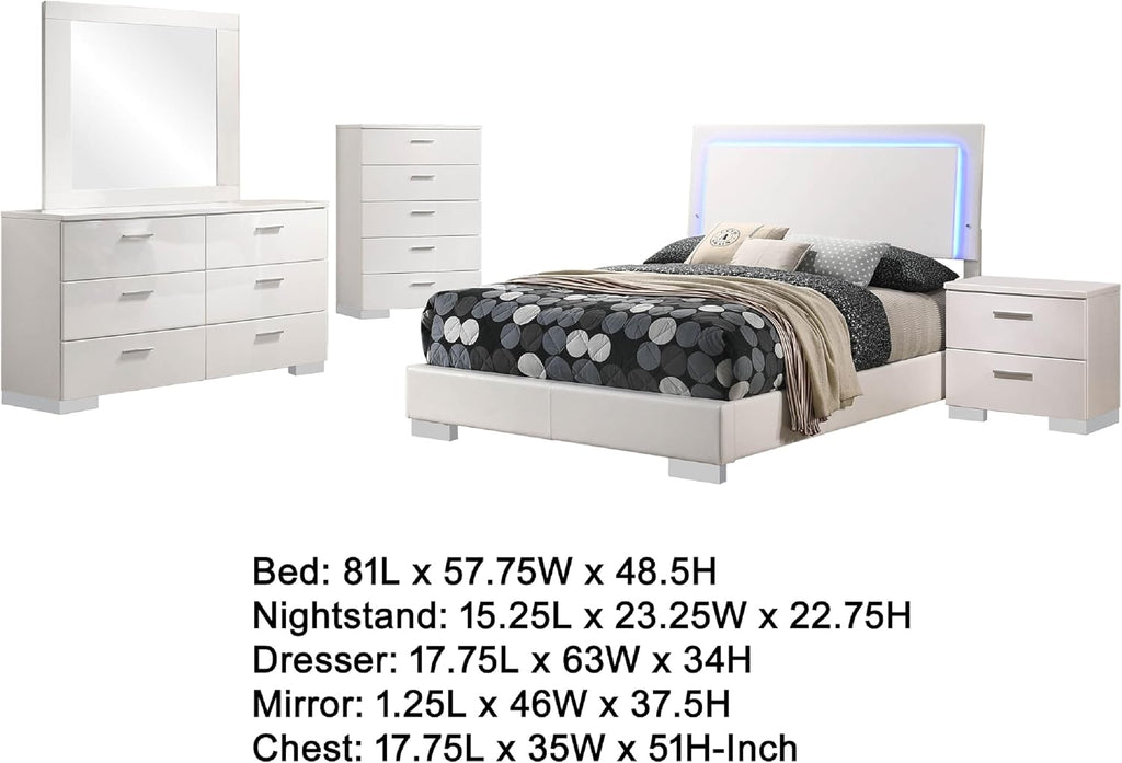 Benzara Sok 5pc Full Bedroom Set with Blue LED Lights, White High Gloss Wood