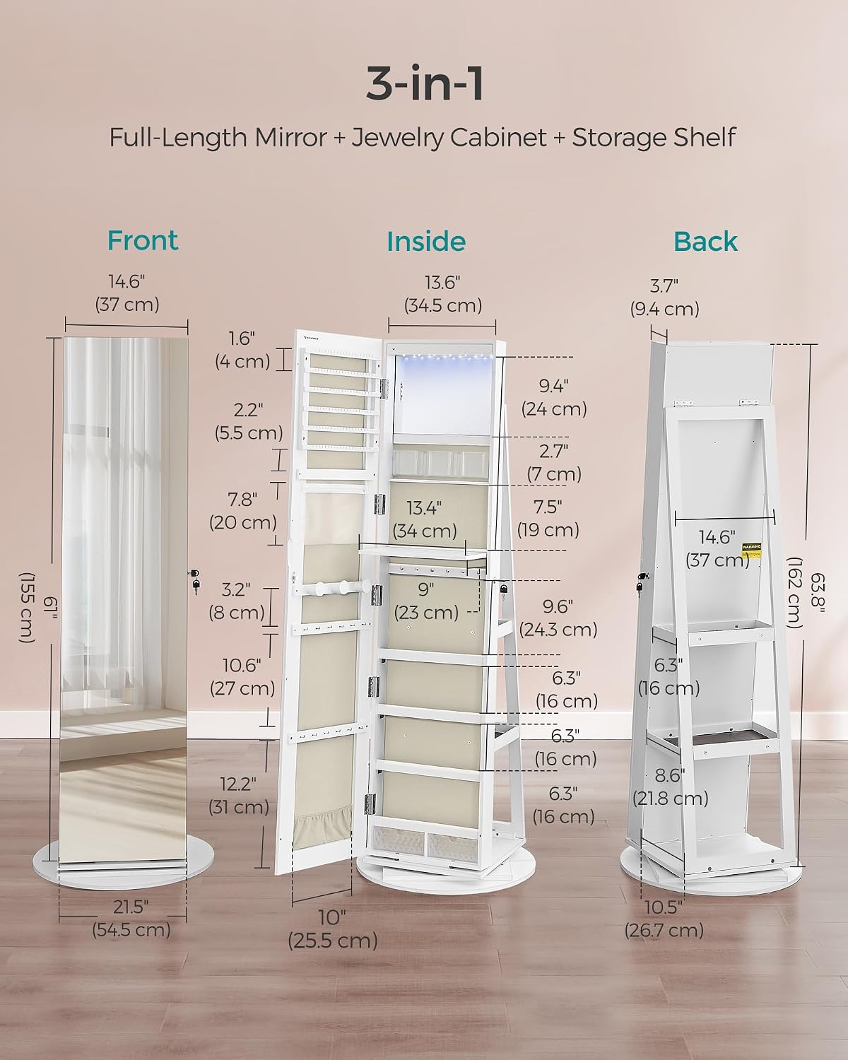 SONGMICS 6 LEDs Lockable Mirror Jewelry Cabinet, 360° Swivel Jewelry Organizer Armoire Standing, Frameless Full-Length Mirror, 3 Storage Shelves, White Surface, Greige Lining UJJC007W02V1