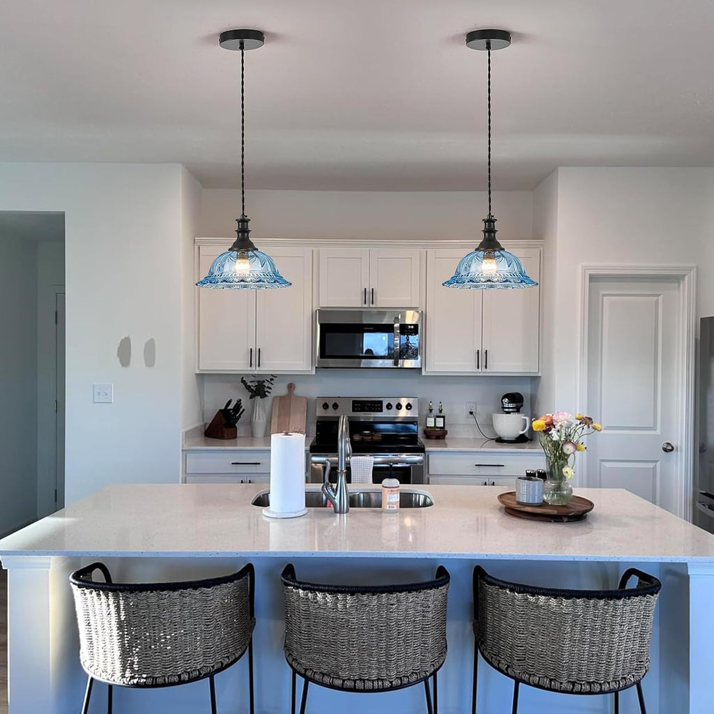 HDDFL Glass Pendant Lights Modern Pendant Lighting Fixtures Hanging Lamp for Kitchen Island Bedroom Dining Room Coffee Shop Hallway Blue and Black 2 Pack