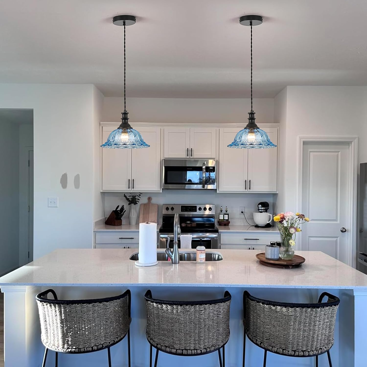 HDDFL Glass Pendant Lights Modern Pendant Lighting Fixtures Hanging Lamp for Kitchen Island Bedroom Dining Room Coffee Shop Hallway Blue and Black 2 Pack