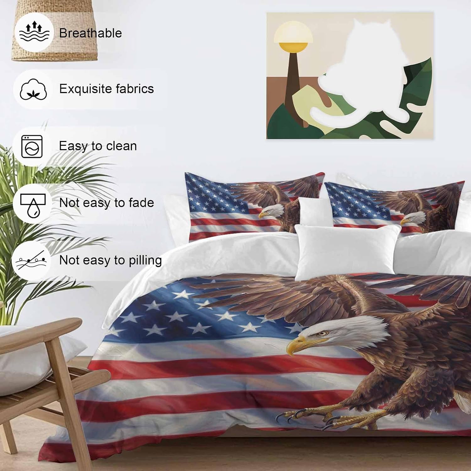Independence Day Duvet Cover Set Queen Size 4 Pieces Watercolor U. S. Flag Soaring Bald Eagle Bedding Set with Zipper Closure, 1 Comforter Cover 92x106 Inches 1 Flat Sheet & 2 Pillow Cases