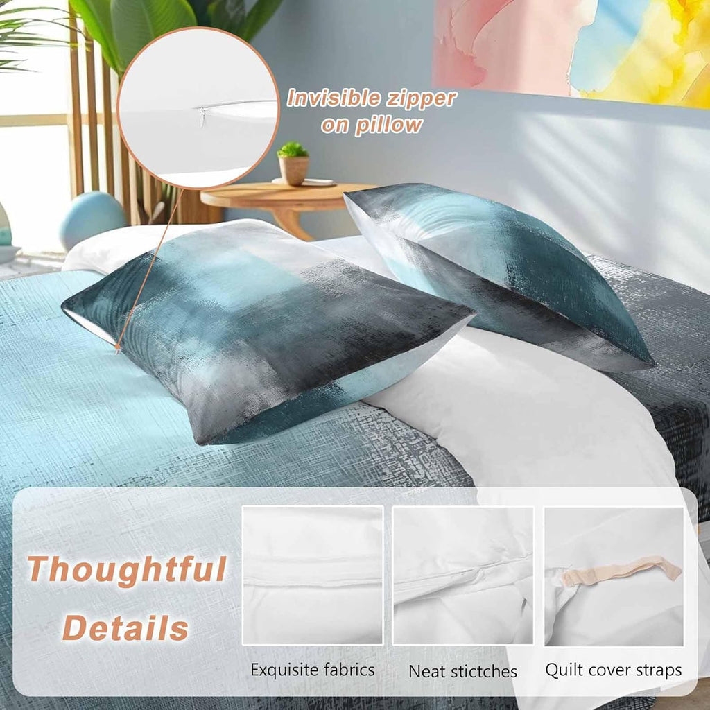 Prime Leader Teal Blue Color Block Duvet Cover Set Queen Size 4 Pieces Abstract Shabby Modern Art Bedding Set with Zipper Closure, 1 Comforter Cover 92x106 Inches 1 Flat Sheet & 2 Pillow Cases