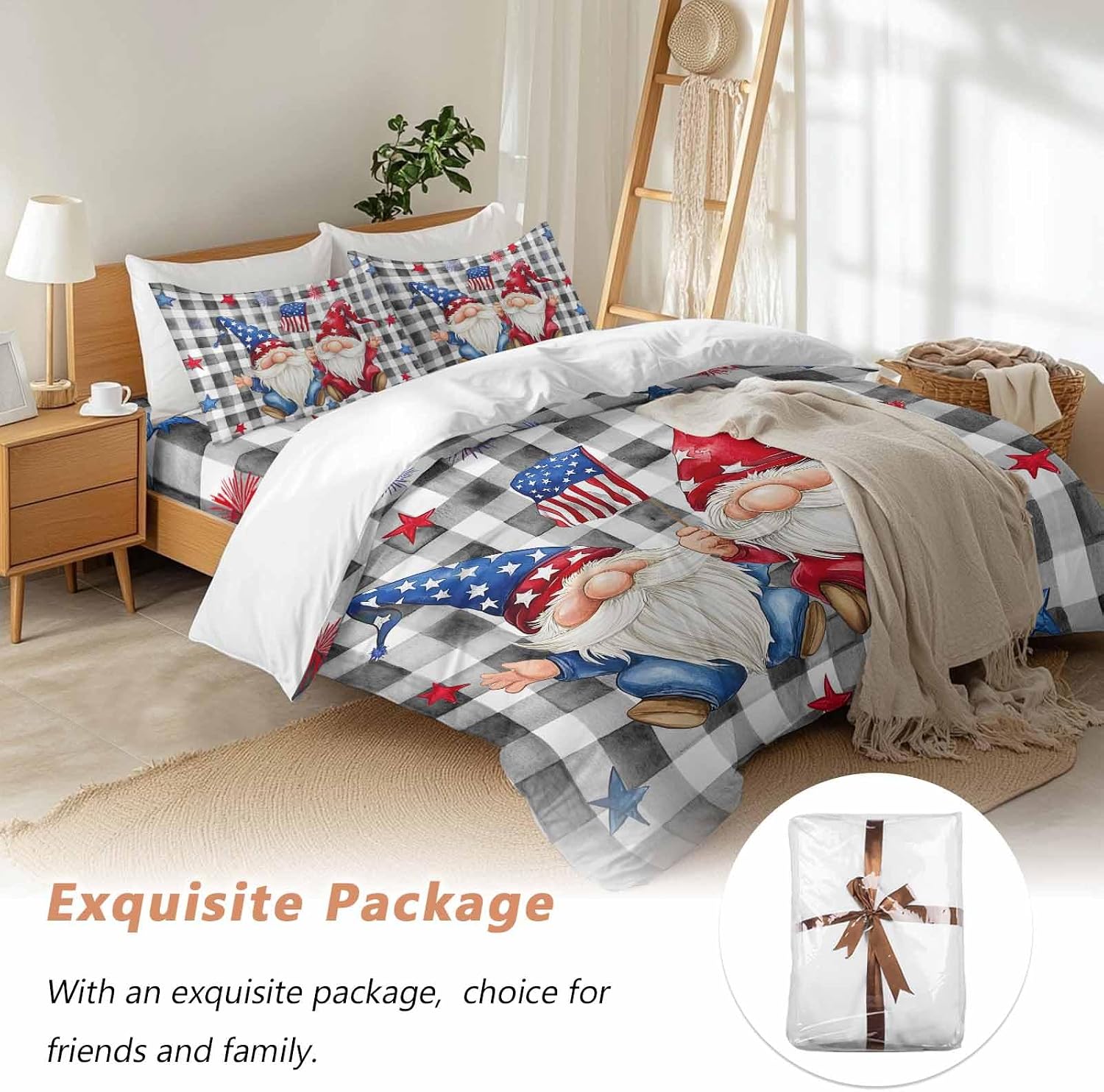 Prime Leader Independence Day Duvet Cover Set Queen Size 4 Pieces Patriotic Gnomes USA Flag Black Plaid Bedding Set with Zipper Closure, 1 Comforter Cover 92x106 Inches 1 Flat Sheet & 2 Pillow Cases