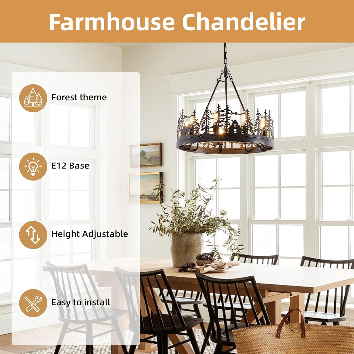 9-Light Rustic Farmhouse Chandelier, Black Wagon Wheel Pendant Light Fixture 23.6' Round Vintage Bear Chandelier for Dining Room Living Room Kitchen
