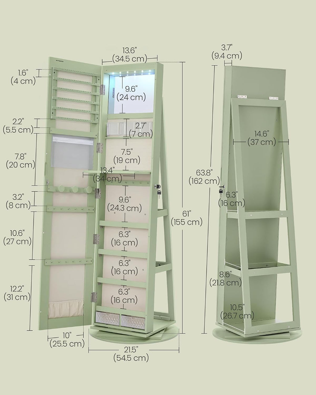 SONGMICS 6 LEDs Lockable Mirror Jewelry Cabinet, 360° Swivel Jewelry Organizer Armoire Standing, Frameless Full-Length Mirror, 3 Storage Shelves, Laurel Green Surface, Cream White Lining UJJC007C01