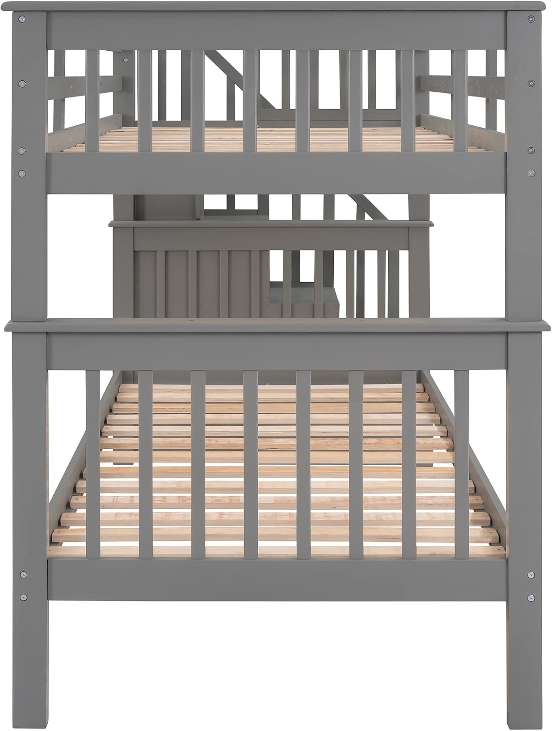 Merax Twin Over Twin Stairway Bunk Bed with 3 Storage Drawers and Staircase, Solid Wood Storage Bunk Bed Frame with Guardrail, Can be Separated into 2 Beds, Grey
