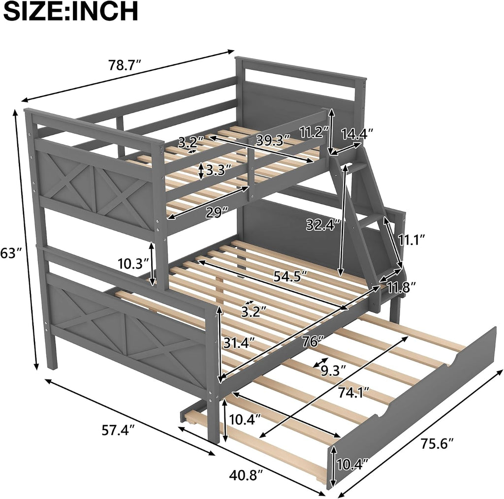 Twin Over Full Bunk Bed with Inclined Ladder and Twin Size Trundle,Bedroom Wood Bed Frame W/Safety Full-Length Guardrail & No Box Spring Required,for Girl Boy Kid,Gray