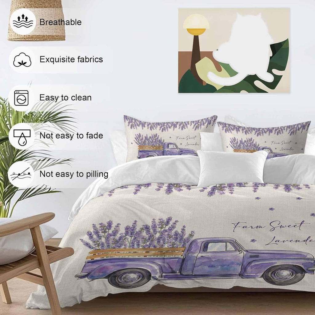 Purple Floral Duvet Cover Set Queen Size 4 Pieces Farm Sweet Lavender Truck Rustic Linen Texture Bedding Set with Zipper Closure, 1 Comforter Cover 92x106 Inches 1 Flat Sheet & 2 Pillow Cases