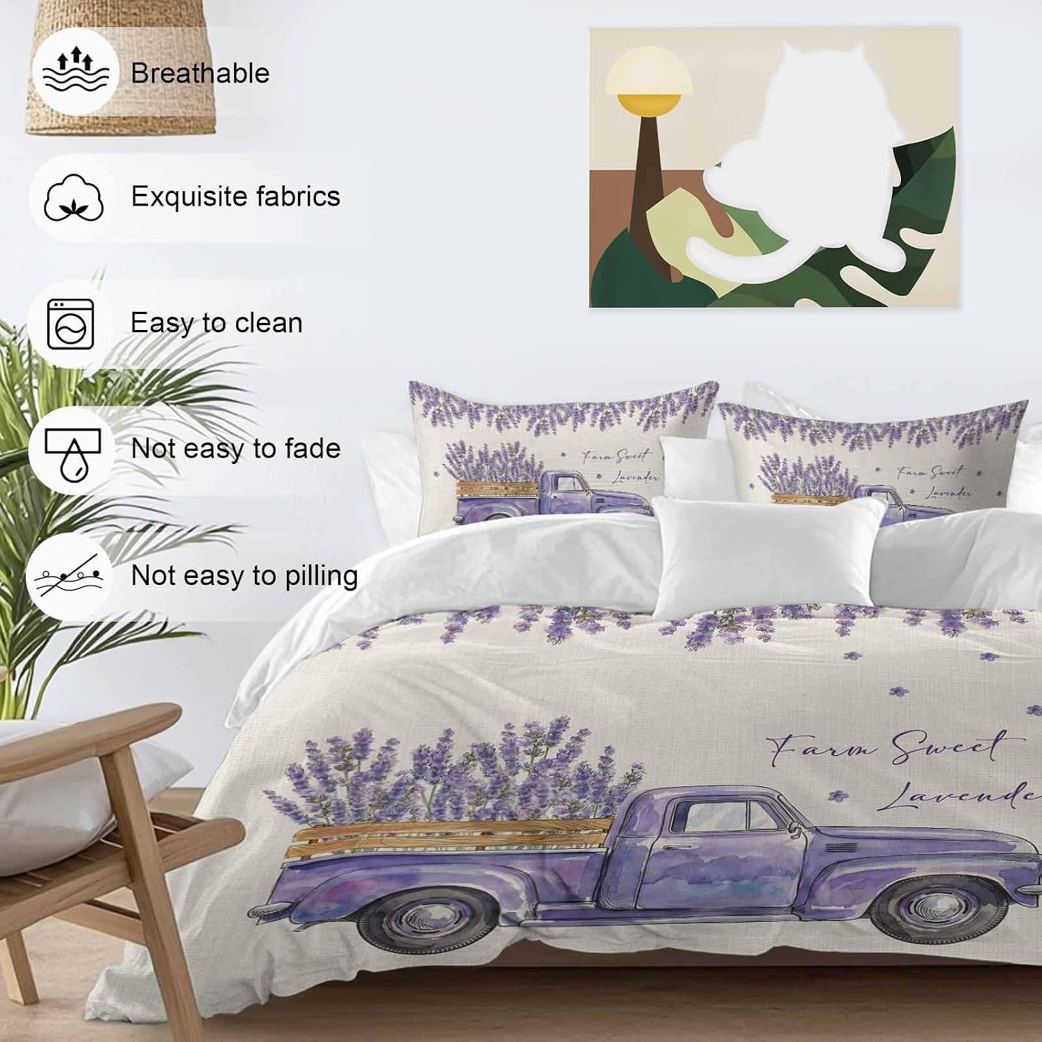 Purple Floral Duvet Cover Set Queen Size 4 Pieces Farm Sweet Lavender Truck Rustic Linen Texture Bedding Set with Zipper Closure, 1 Comforter Cover 92x106 Inches 1 Flat Sheet & 2 Pillow Cases