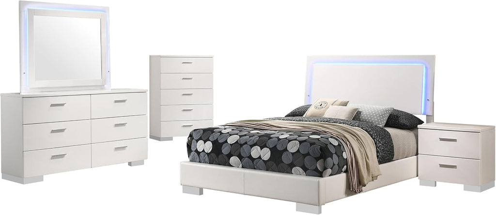 Benzara Sok 5pc Full Bedroom Set, Blue LED Lights, Faux Leather, White Wood