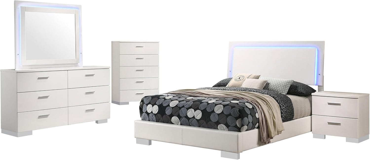 Benzara Sok 5pc Full Bedroom Set, Blue LED Lights, Faux Leather, White Wood