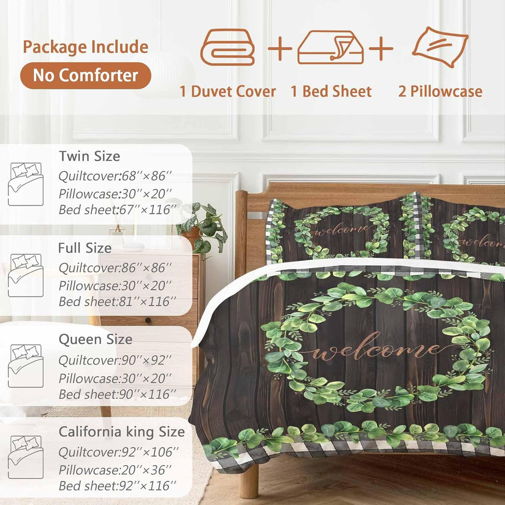 Welcome Duvet Cover Set Queen Size 4 Pieces Spring Eucalyptus Leaf Plaid Farmhouses Brown Wood Bedding Set with Zipper Closure, 1 Comforter Cover 90x92 Inches 1 Flat Sheet & 2 Pillow Cases