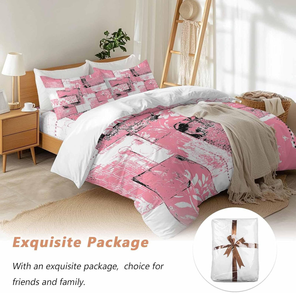 Modern Boho Duvet Cover Set Queen Size 4 Pieces Flower Geometric Texture Pink White Abstract Art Bedding Set with Zipper Closure, 1 Comforter Cover 92x106 Inches 1 Flat Sheet & 2 Pillow Cases