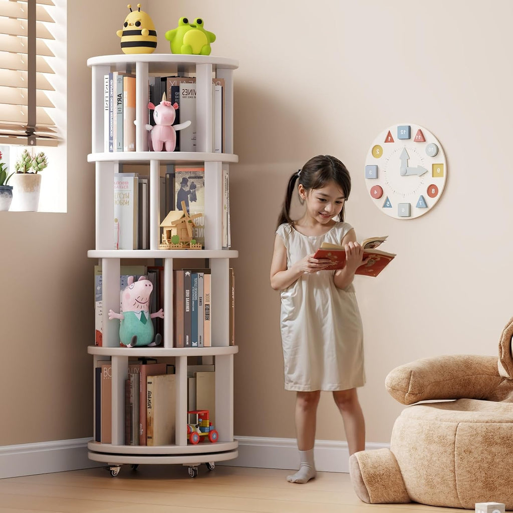 Muwuele Solid Wood Rotating Bookshelf on Wheels, 4 Tier, Round Revolving Bookcase, 360° Spinning Book Shelf Tower for Kids, Narrow Rolling Bookshelves for Small Space, Corner, Bedroom, Office, White