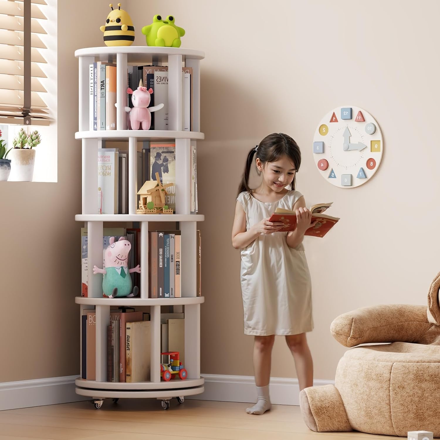 Muwuele Solid Wood Rotating Bookshelf on Wheels, 4 Tier, Round Revolving Bookcase, 360° Spinning Book Shelf Tower for Kids, Narrow Rolling Bookshelves for Small Space, Corner, Bedroom, Office, White
