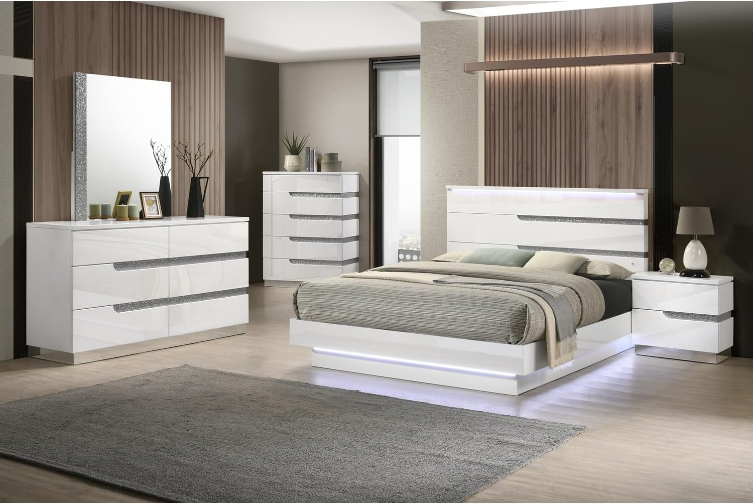 HomeStock Platform Bed with Lighting - Modern Bedroom Furniture White/Queen