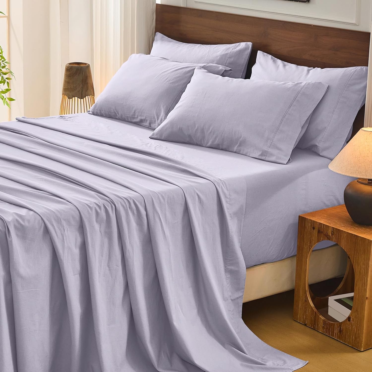 Bedlifes 100% French Flax Linen Sheets Set California King Size-6 Piece Extra Deep Pocket 18-24',Soft Breathable Cal King Bed Sheets with Temperature Regulating & Moisture-Wicking(Lavender