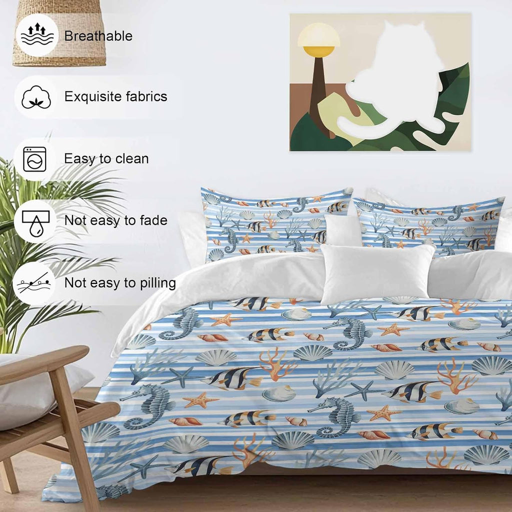 Summer Marine Life Duvet Cover Set Queen Size 4 Pieces Seahorses Corals Tropical Fish Blue Striped Bedding Set with Zipper Closure, 1 Comforter Cover 92x106 Inches 1 Flat Sheet & 2 Pillow Cases