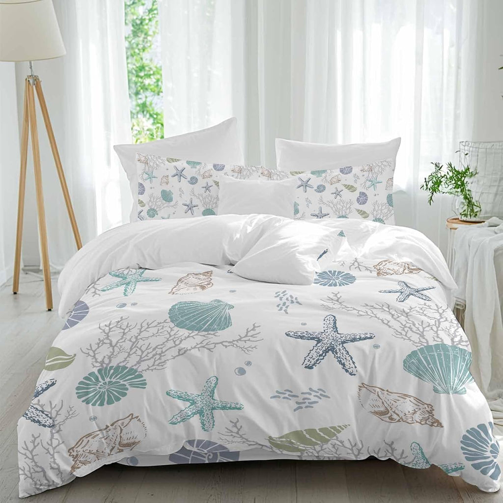 Prime Leader Summer Beach Duvet Cover Set Queen Size 4 Pieces Nautical Starfish Coral Shell Teal Ocean Bedding Set with Zipper Closure, 1 Comforter Cover 92x106 Inches 1 Flat Sheet & 2 Pillow Cases