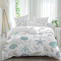 Prime Leader Summer Beach Duvet Cover Set Queen Size 4 Pieces Nautical Starfish Coral Shell Teal Ocean Bedding Set with Zipper Closure, 1 Comforter Cover 92x106 Inches 1 Flat Sheet & 2 Pillow Cases
