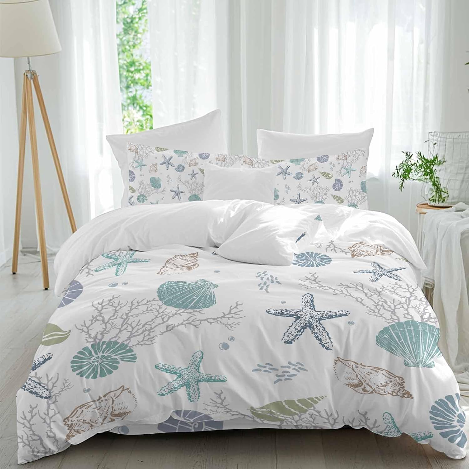 Prime Leader Summer Beach Duvet Cover Set Queen Size 4 Pieces Nautical Starfish Coral Shell Teal Ocean Bedding Set with Zipper Closure, 1 Comforter Cover 92x106 Inches 1 Flat Sheet & 2 Pillow Cases