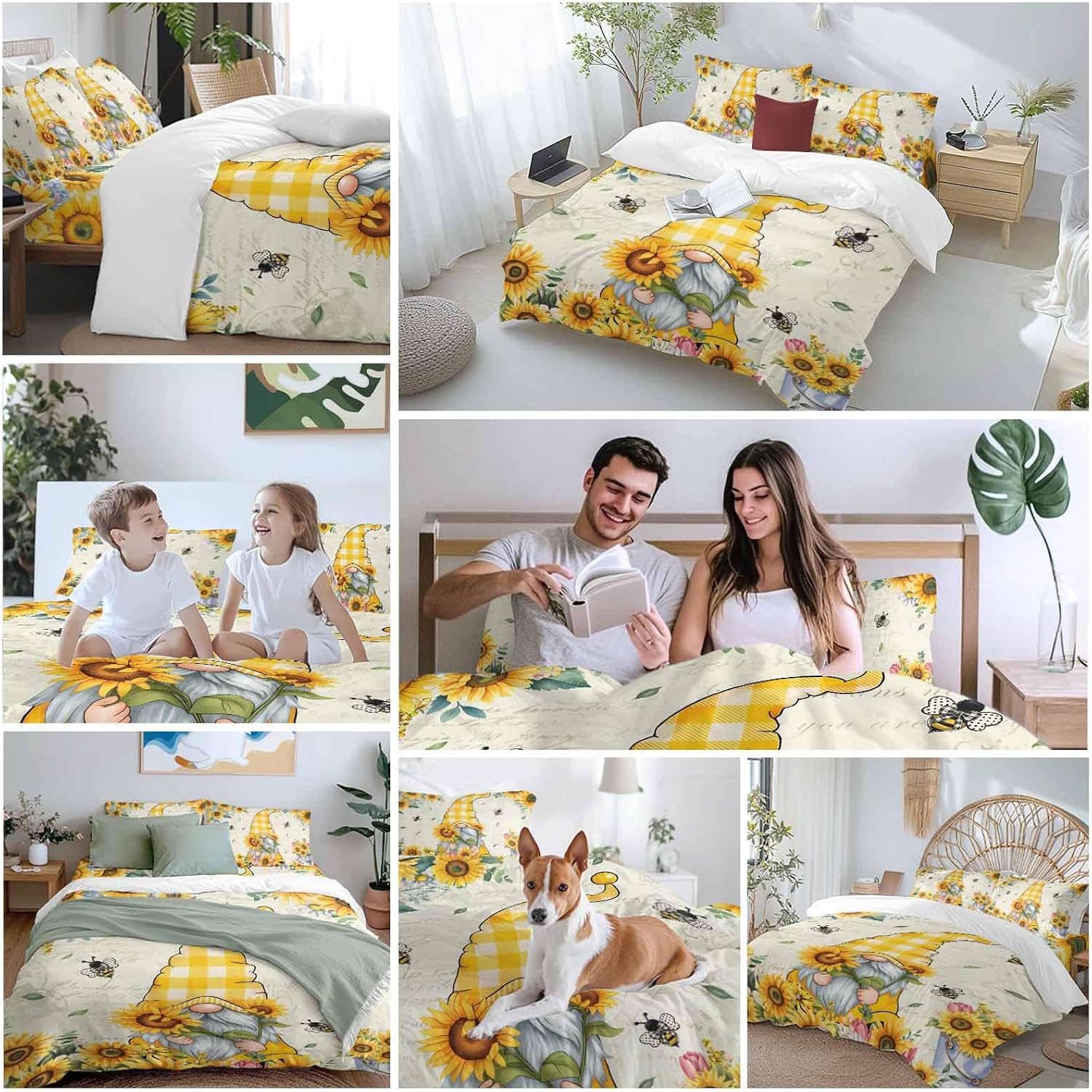 Sunflower Gnome Duvet Cover Set Queen Size 4 Pieces Bee Yellow Flower Leaf Spring Plant Farm Bedding Set with Zipper Closure, 1 Comforter Cover 92x106 Inches 1 Flat Sheet & 2 Pillow Cases