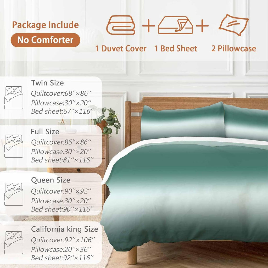 Gradient Green Duvet Cover Set Queen Size 4 Pieces Modern Minimalist Black Green Ocean Beach Bedding Set with Zipper Closure, 1 Comforter Cover 92x106 Inches 1 Flat Sheet & 2 Pillow Cases
