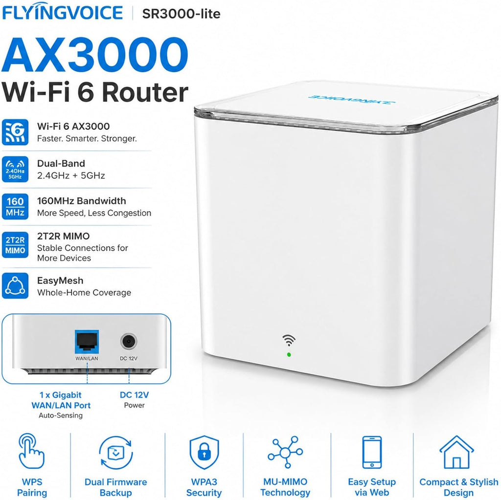 FLYINGVOICE SR3000-lite AX3000 Wi-Fi 6 Router, Dual-Band Gigabit Wireless Internet Speed, EasyMesh for Whole Home Coverage, 1 x Gigabit Port (WAN/LAN), WPS Button, Parent Router or Mesh Satellite