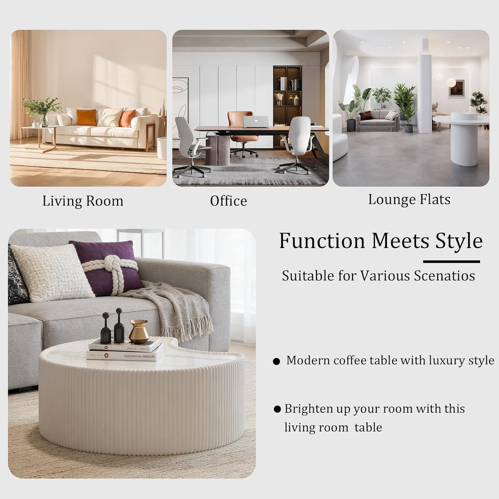 29.53' White Round Coffee Table, Drum Coffee Table with Sintered Stone Tabletop and Fluted PU Leather Covered and Stable Base, Circle Cocktail Tea Table for Living Room