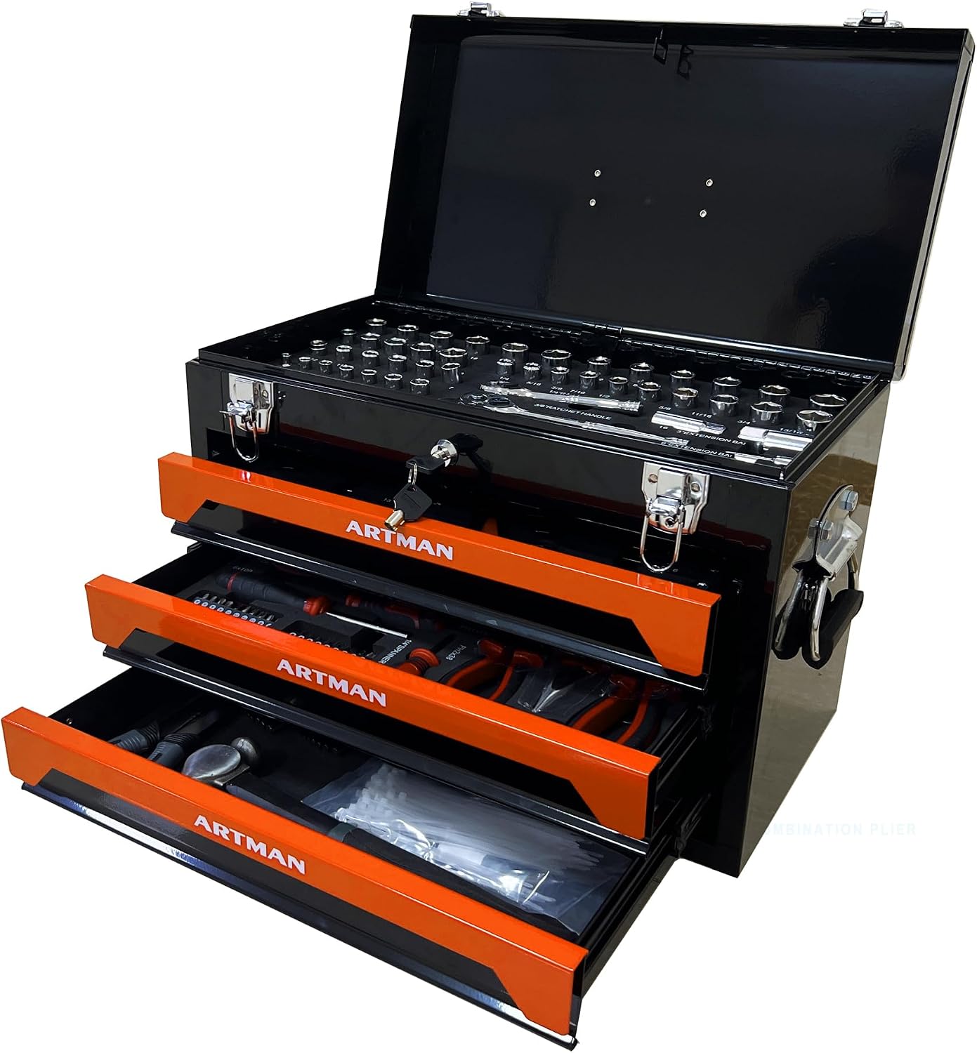 Tool Set and Mechanic Tool Set Box with Handle and 3-Drawer Heavy Duty Metal Box - 339 Piece Tool Kits for Adults Mechanics Workshop Maintenance and Repair Projects - Orange
