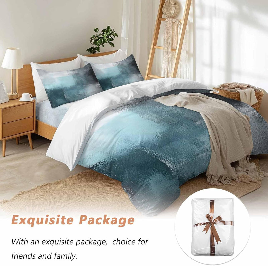 Prime Leader Teal Blue Color Block Duvet Cover Set Queen Size 4 Pieces Abstract Shabby Modern Art Bedding Set with Zipper Closure, 1 Comforter Cover 92x106 Inches 1 Flat Sheet & 2 Pillow Cases