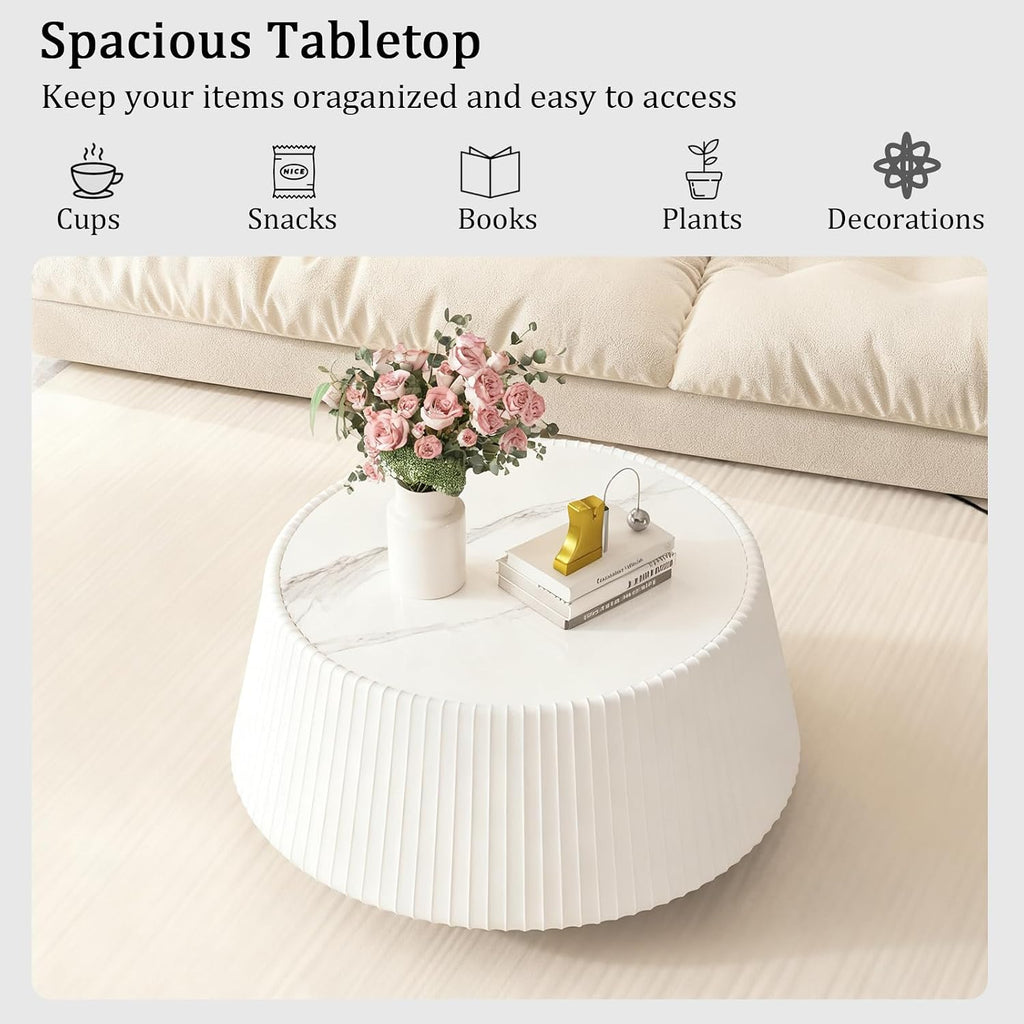 26.77' White Round Coffee Table, Drum Coffee Table with Sintered Stone Tabletop and Fluted PU Leather Covered and Stable Base, Circle Cocktail Tea Table for Living Room