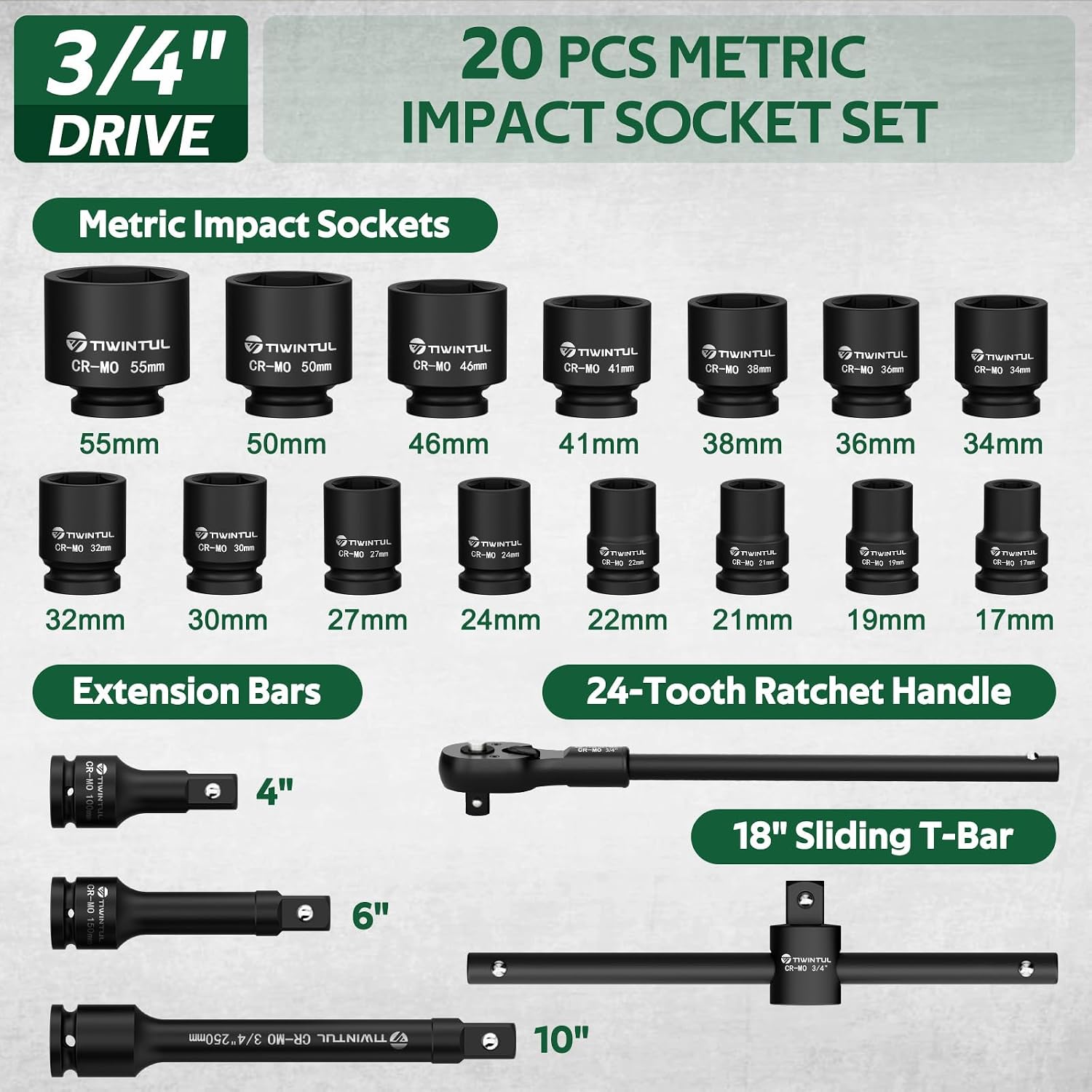 3/4 Inch Drive Impact Socket Set, 20 Pcs Metric 17mm to 55mm, Heavy Duty CR-MO Steel, 24T Ratchet Wrench, 18' Sliding T-Bar & Extension Bars, Metal Storage Case for Truck, Tractor Repair