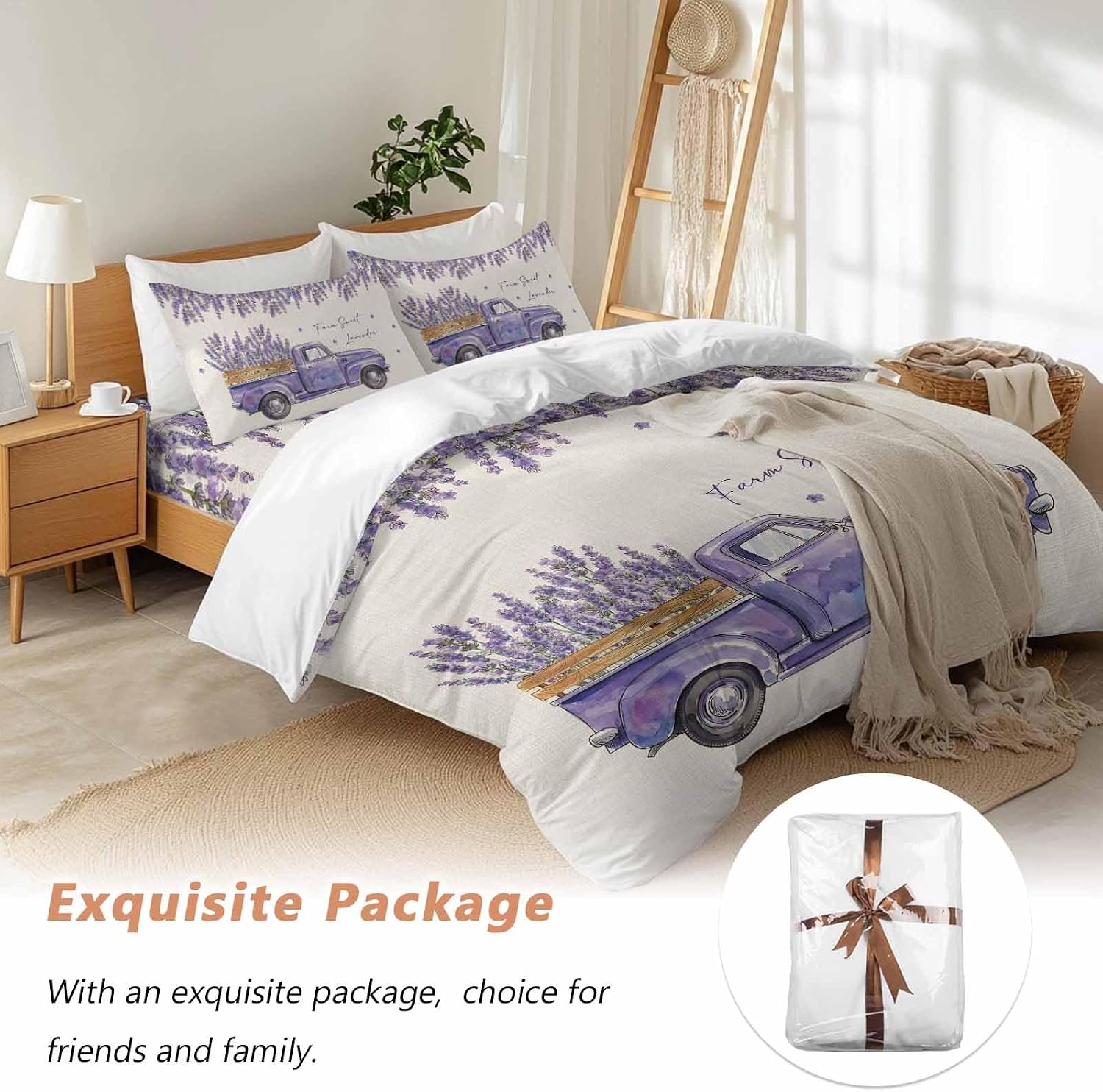 Purple Floral Duvet Cover Set Queen Size 4 Pieces Farm Sweet Lavender Truck Rustic Linen Texture Bedding Set with Zipper Closure, 1 Comforter Cover 92x106 Inches 1 Flat Sheet & 2 Pillow Cases
