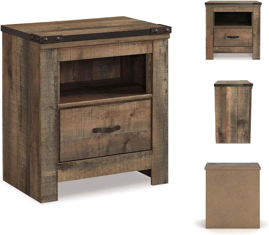 Signature Design by Ashley Trinell Rustic 1 Drawer Nightstand, USB Charing, Storage Cubby, Nailhead Accents, Wood, 24.72' W x 16.18' D x 26.22' H, Warm Brown
