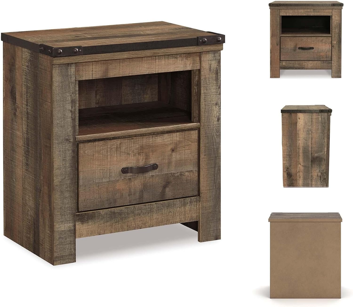 Signature Design by Ashley Trinell Rustic 1 Drawer Nightstand, USB Charing, Storage Cubby, Nailhead Accents, Wood, 24.72' W x 16.18' D x 26.22' H, Warm Brown