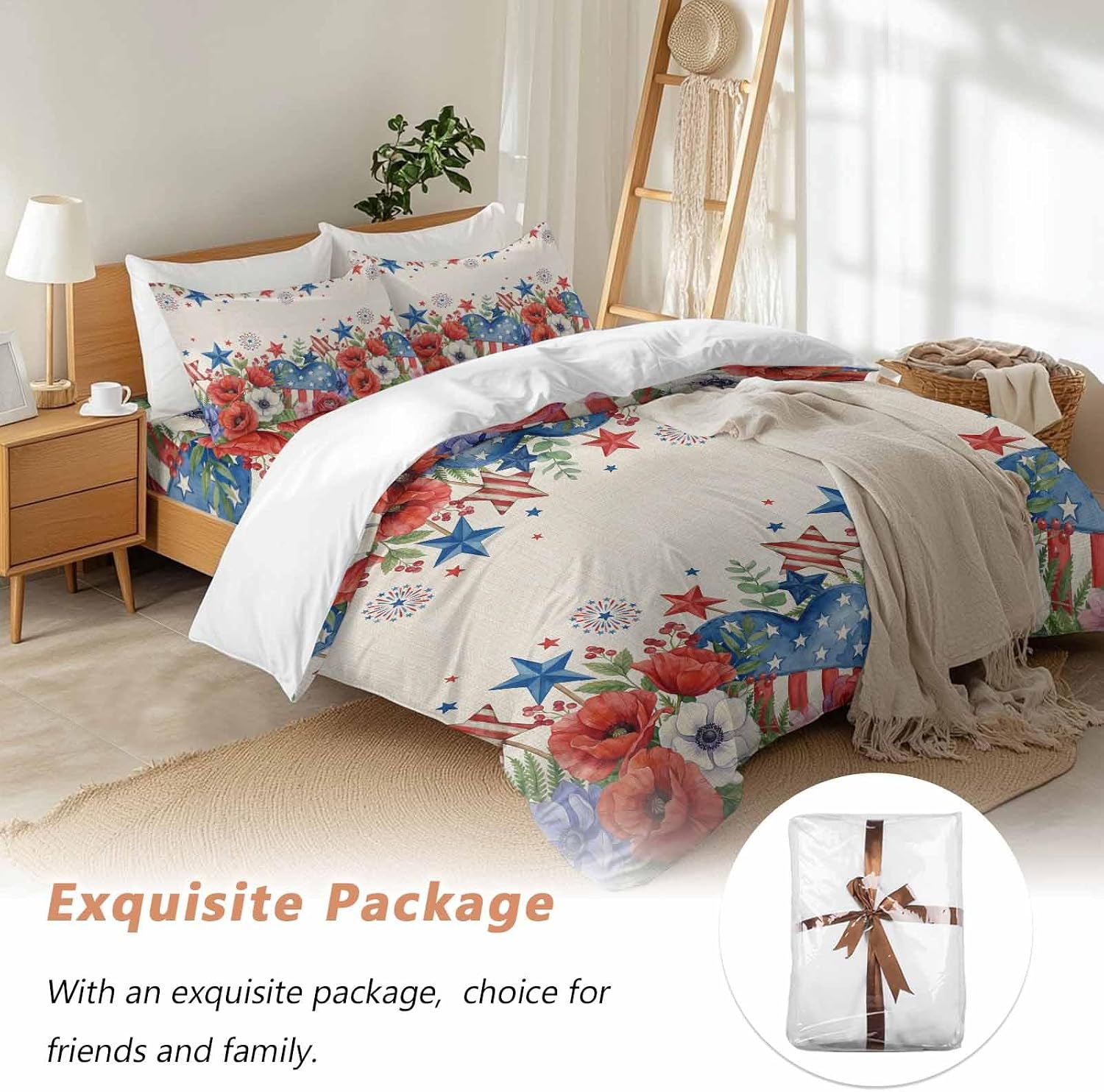 Independence Day Duvet Cover Set Queen Size 4 Pieces Blue Red White Floral Flower Love Heart Retro Bedding Set with Zipper Closure, 1 Comforter Cover 92x106 Inches 1 Flat Sheet & 2 Pillow Cases