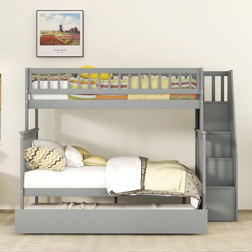 Merax Twin-Over-Full Stairway Bunk Bed with Trundle, Storage Staircase and Full Length Guardrail, Solid Wood Storage Bunk Bed with Trundle, No Spring Box Needed (Grey)