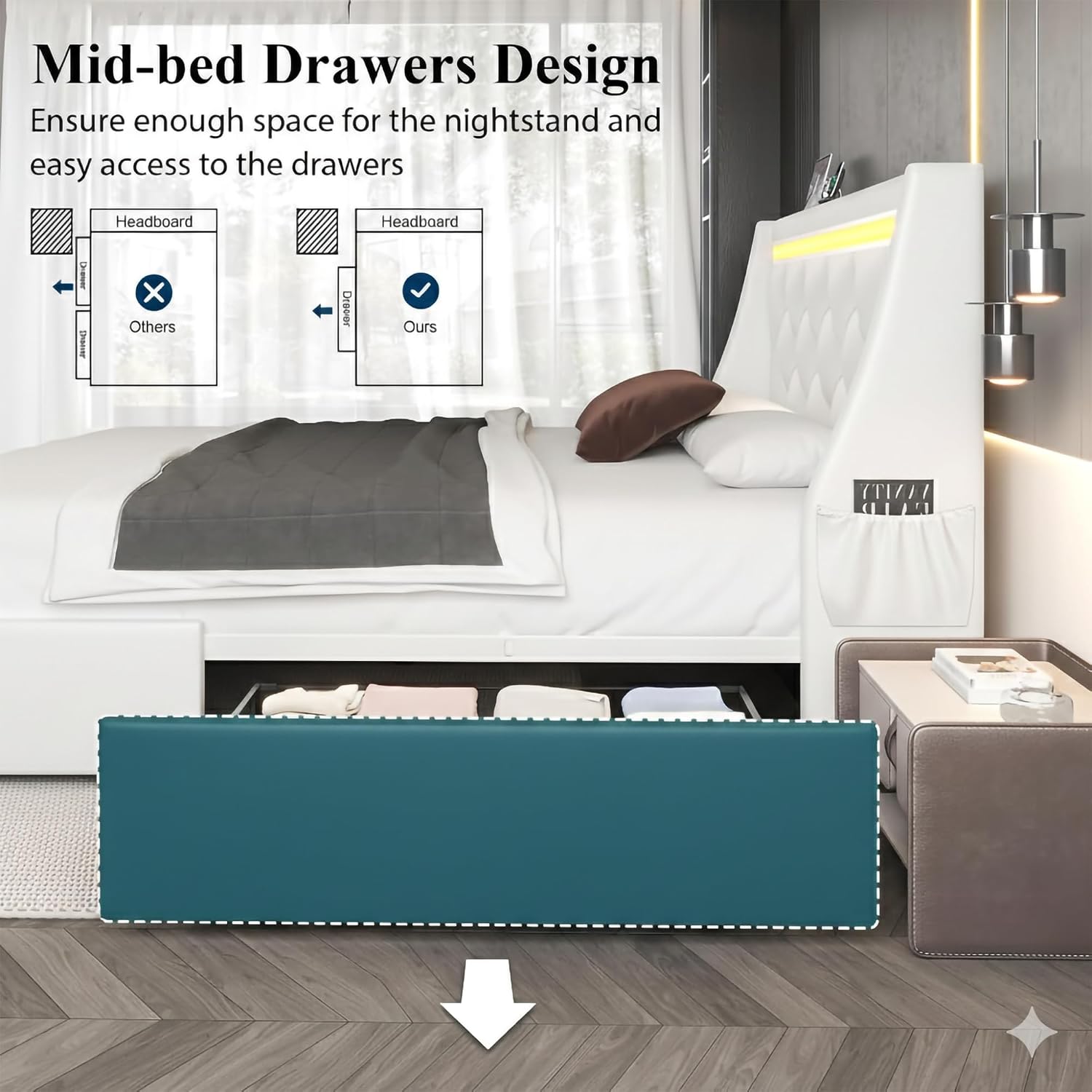 Queen Bed Frame with Storage Drawers and LED Lights/Charging Station, Modern Diamond Upholstered Platform Bed with Wingback Headboard, Wooden Slats Support, No Box Spring Needed (White, Queen)