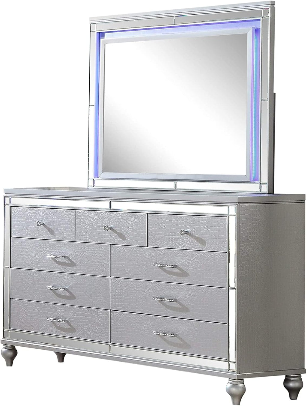 Full 5 PC LED Bedroom Set Made with Wood in Silver Color