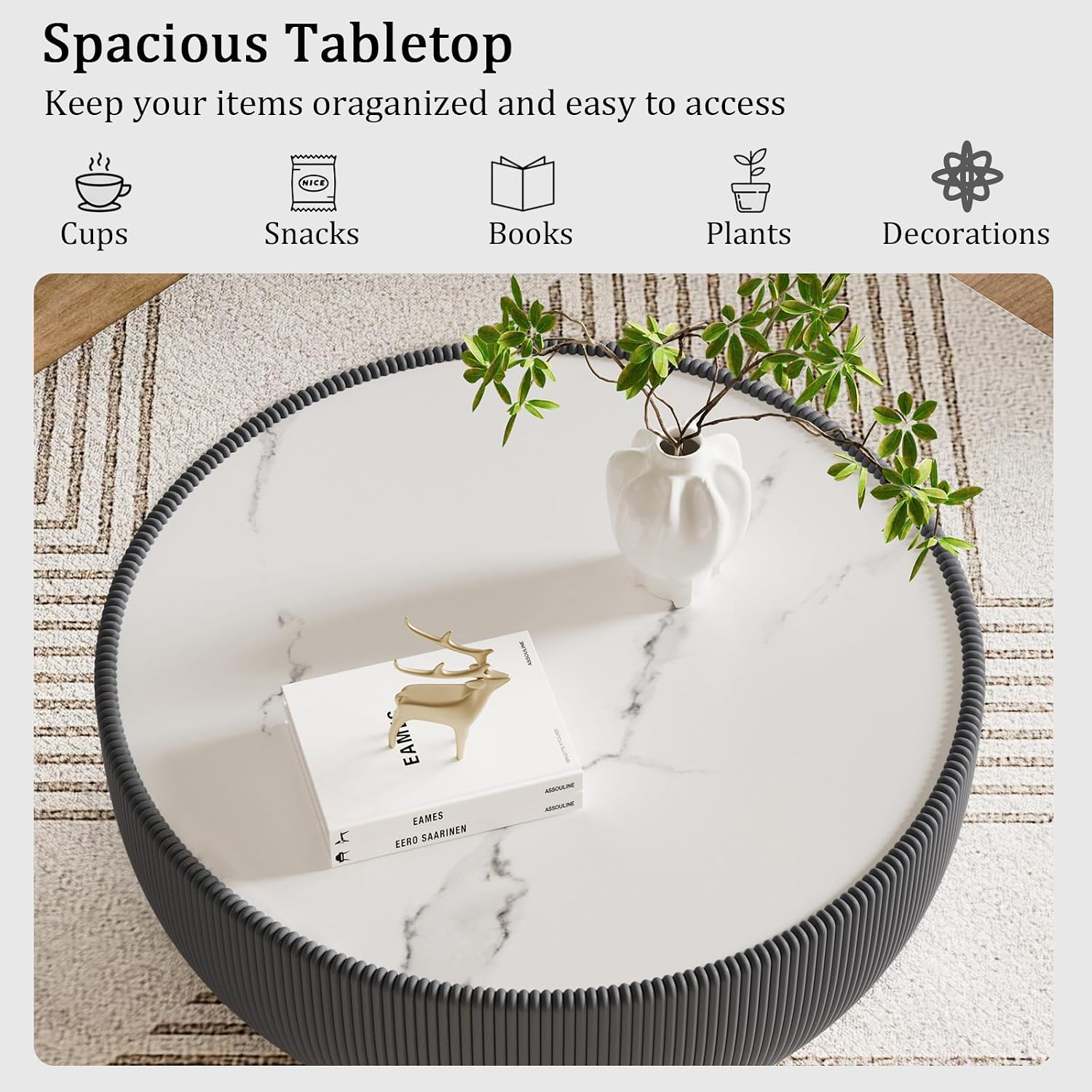 Round Living Room Table Set, 27.56' Grey Drum Center Table and 19.69' Black Coffee Table Set, 2 Pieces Coffee Table Set with Sintered Stone Tabletop, Fluted PU Leather Covered and Metal Base