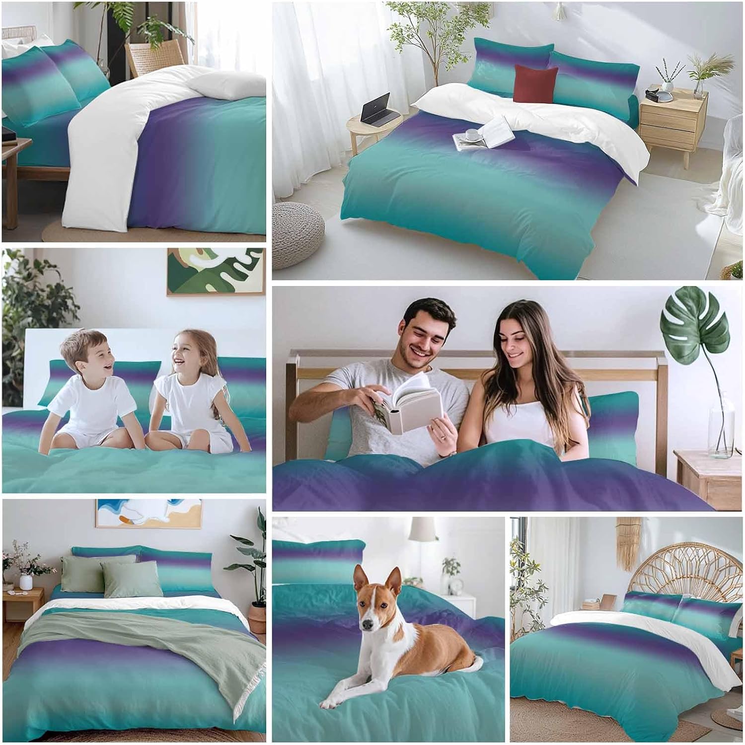 Gradient Green Duvet Cover Set Queen Size 4 Pieces Modern Minimalist Green Purple Ocean Beach Bedding Set with Zipper Closure, 1 Comforter Cover 90x92 Inches 1 Flat Sheet & 2 Pillow Cases
