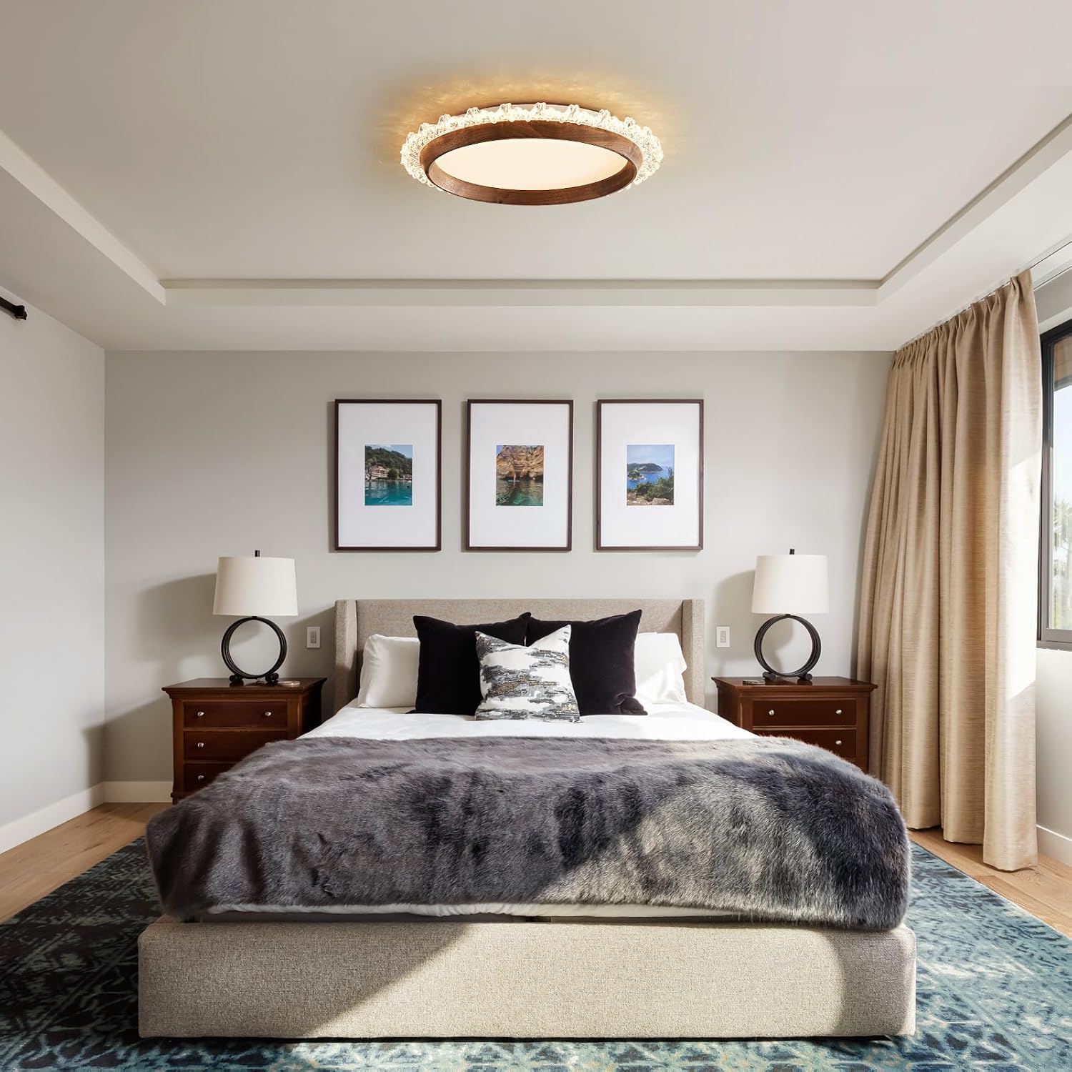 Modern LED Ceiling Light,Dimmable Wood Flush Mount Ceiling Light Fixture,3000K-6000K Round Remote Control Walnut Wood Ceiling Lamp Fixture for Bedroom,entrway,Laundry Room,Kitchen,Hallway,Living Room