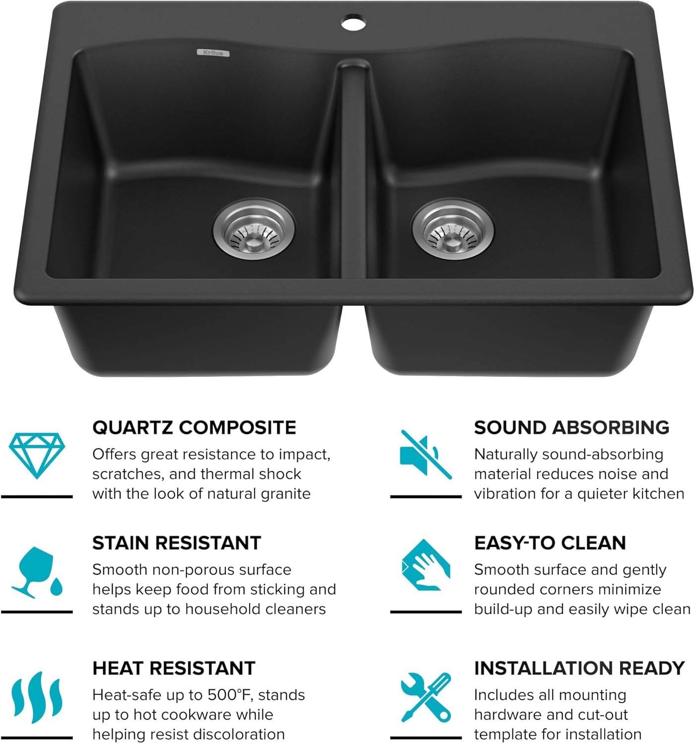 KRAUS Forteza 33-inch Drop in/Undermount 50/50 Double Bowl Granite Kitchen Sink in Black, KGD-52BLACK