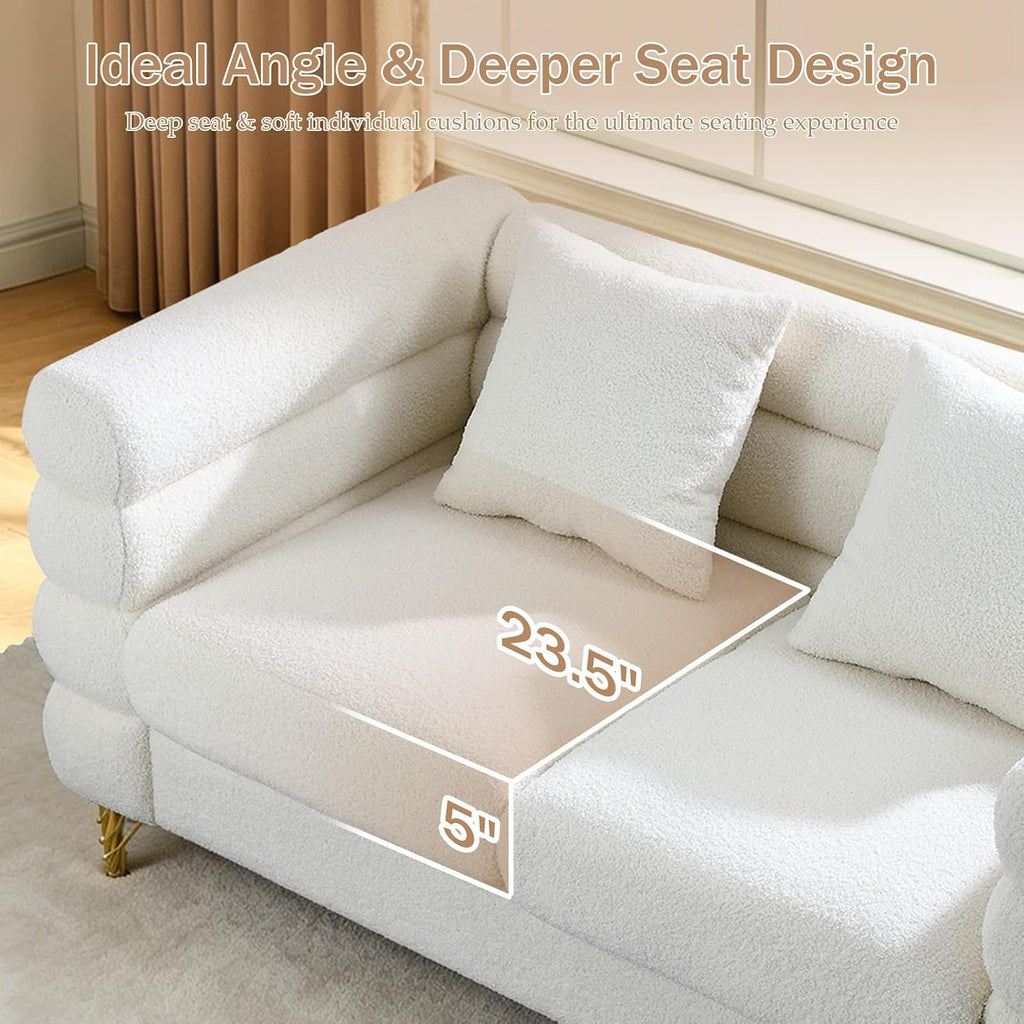 Chesterfield Velvet Button Tufted Sofa, 81'&60' Boucle Comfy Cloud Couch Upholstered Deep 5 Seater Sectional Sherpa Couch Set for Living Room Home Office Bedroom Apartment, White