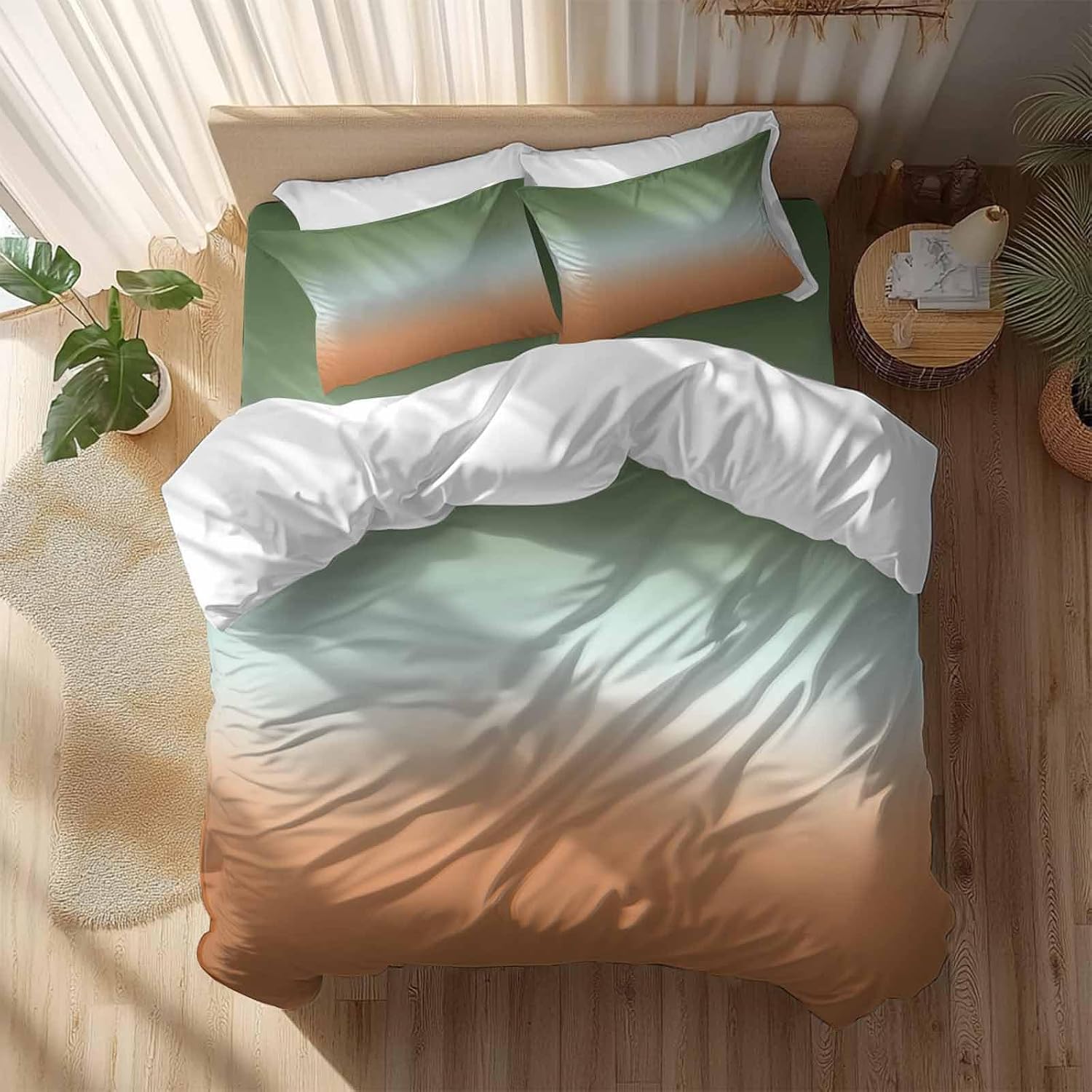 Gradient Sage Green Duvet Cover Set Queen Size 4 Pieces Modern Minimalist Green Orange Ocean Beach Bedding Set with Zipper Closure, 1 Comforter Cover 90x92 Inches 1 Flat Sheet & 2 Pillow Cases